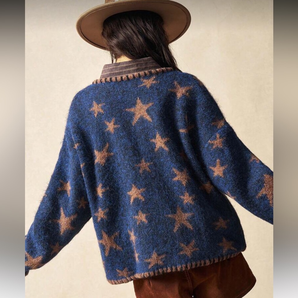 Star knit cardigan pocket Patterned Blue and golden Brown Women's Sweater - Picture 6 of 7